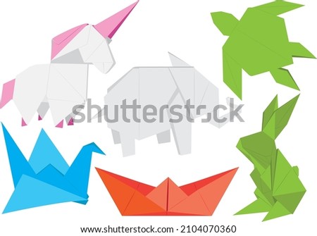 origami boat, elephant, tsuru, rabbit and unicorn