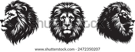 Stunning lion head silhouette vector design, ideal for logos, décor, and apparel. Features bold lines and intricate details, embodying strength and elegance. Perfect for versatile creative projects