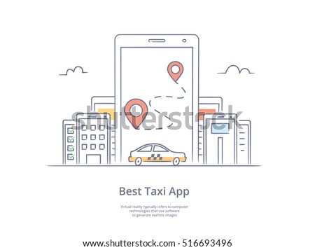 Premium Quality Line Hand Drawn Icon And Concept Set: Mobile app for ordering taxi, Mobile phone with street map and location pointer, Mobile city