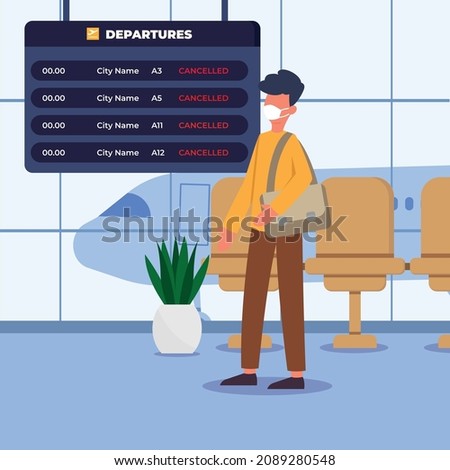 Young boy see at schedule board with information about canceled flights in international airport. Man disappointed with flight cancellation. Masked transit. Colorful flat vector illustration