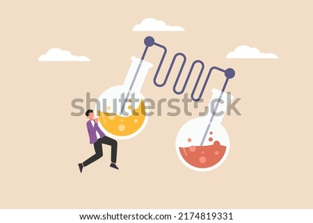 Young boy researchers doing two tube experiment for distillation. Scientific research concept. Flat vector illustration. 