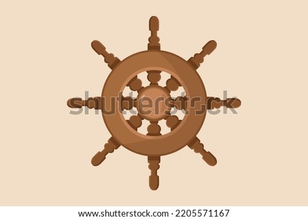 Wooden steering wheel ship. Old wooden ship's rudder for steering on the sea. Shipment and logistic concept. Colored flat vector illustration. 