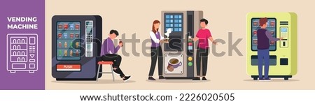 Man and woman using vending machine for buying snack, soft drink and coffee. Vending machine set concept. Colored flat graphic vector illustration isolated.