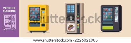 Vending machine of snack, soft drink and coffee. Vending machine set concept. Colored flat graphic vector illustration isolated.