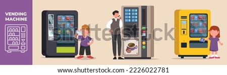 Man and kids using vending machine for buying snacks and drink. Vending machine set concept. Colored flat graphic vector illustration isolated.