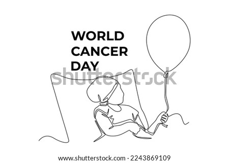 Single one line drawing happy patient kid holding balloon on bed. World cancer day concept. Continuous line draw design graphic vector illustration.