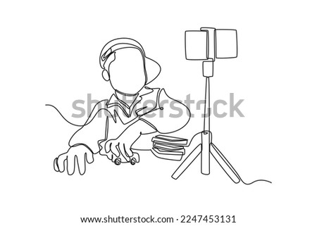 Continuous one line drawing Happy Young boy recording his lifestyle blog while talking to a smartphone on a tripod. Vlogging concept. Single line draw design vector graphic illustration.