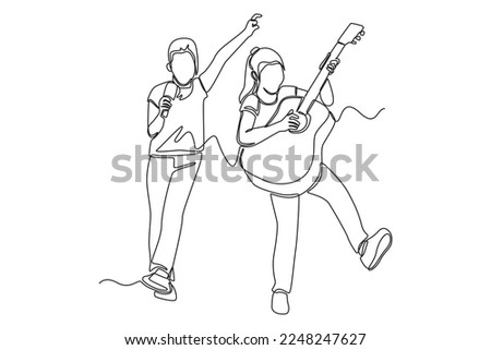 Continuous one line drawing Two little girls singing a song with a microphone and a guitar. Hangouts With Friends concept. Single line draw design vector graphic illustration.