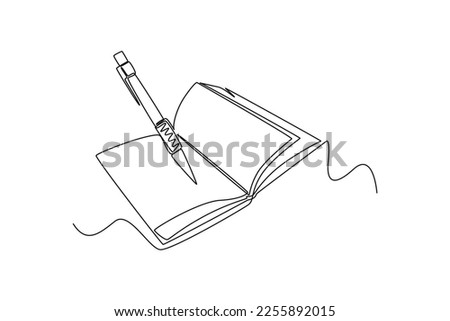 Single one line drawing Pen writing on book. Education concept. Continuous line draw design graphic vector illustration.