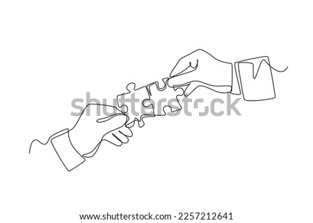 Single one line drawing Hands connecting jigsaw puzzle. Human relation Concept. Continuous line draw design graphic vector illustration.