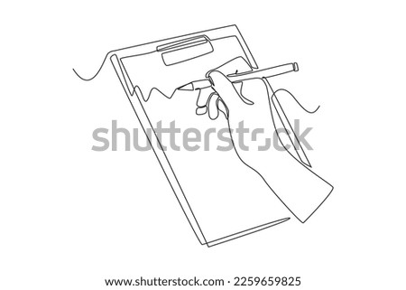 Single one line drawing hand filling out a task form with a pen. Document writing concept. Continuous line draw design graphic vector illustration.