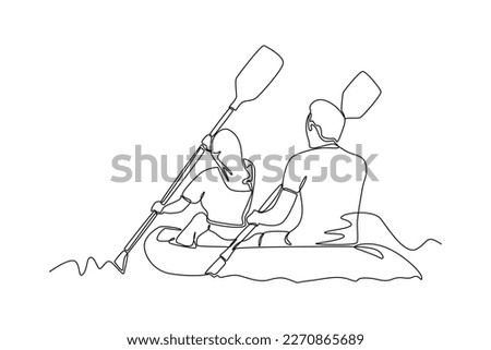 Continuous one line drawing Young couple kayaking on lake together. Travel experience concept. Single line draw design vector graphic illustration.