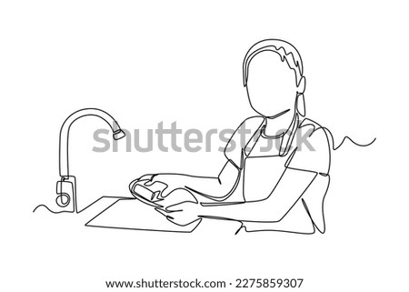 Continuous one-line drawing long-haired woman washing dishes. Kitchen activity concept Single line draw design graphic vector illustration