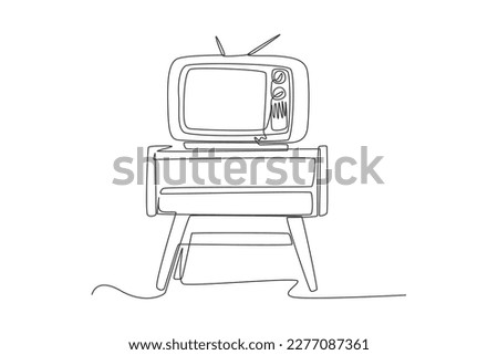Continuous one-line drawing of a small tv with a 70s antenna on the table. 70s style concept single line draws design graphic vector illustration