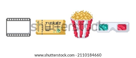 Vector set of pixel cinema isolated illustrations on a white background. Grey movie film frame. Paper ticket with a control line. Striped bucket filled with popcorn. 3D stereo glasses. 8 bit retro art