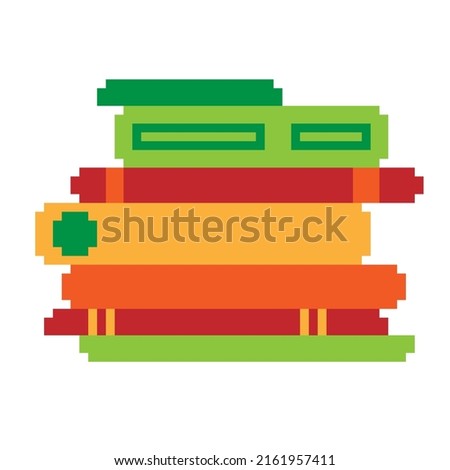 Vector isolated illustration of a pixel stack of books on a white background. Retro geometric bit game art style. Different warm colors