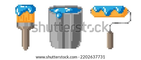 Vector set of isolated pixel illustrations. Renovation tools collection on a white background. Blue paint. Filled bucket. Brush and roller