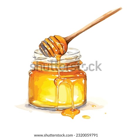 Watercolor jar of organic honey, yellow pot with bee decor, wooden spoon, watercolor hand painted illustration. vector honey illustration