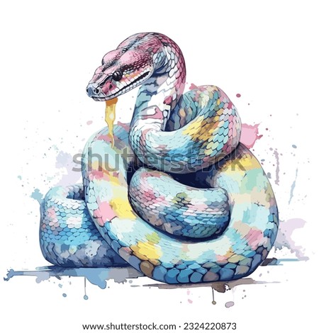 hand painted watercolor snake illustration isolated on a white background. blue, pind and yellow snake design for card, invitation,branding. Wild animal hand drawn vector. splash