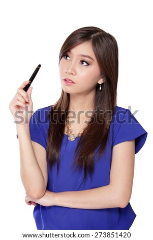 Young Asian woman holding a pen while looking up thinking for idea with confused face, isolated on white background