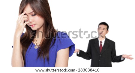 Conceptual image of young Asian business couple in a fight situation, isolated on white background