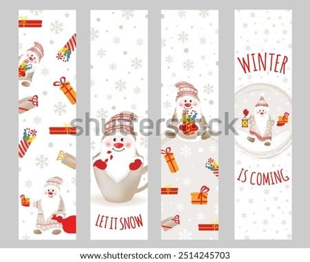  Set of bookmarks with cute gnomes and gifts. Colorful design for social media communication, networking, website badges, greeting cards, posters and more.