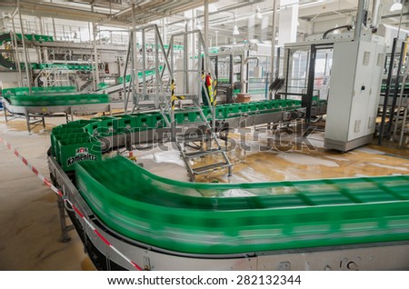 A conveyor belt with packs for beer is seen during production process in the  Molson Coors Kamenitza beer brewery, April 28, 2015, near the city of Haskovo, Bulgaria.