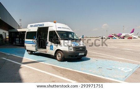 Airport passenger mobility assistance bus, also known as PRM,  is seen standing in stand by at Sofia airport, Sofia, Bulgaria, April 22, 2014.