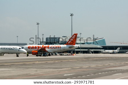 easyJet and Bulgaria Air airplanes are seen parked in front of the Terminal 2 of Sofia airport, Sofia, Bulgaria, April 22, 2014.