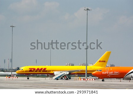 DHL transport delivery airplane is seen parked at the runway of Sofia airport, Sofia, Bulgaria, April 22, 2014.