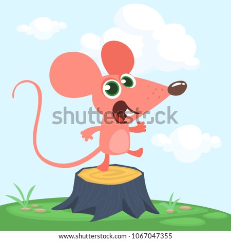 Happy cartoon pink mouse dancing on a tree stump in th meadow. Vector illustration isolated