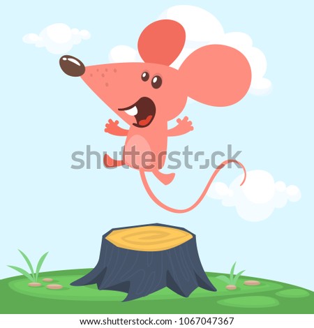 Happy cartoon pink mouse dancing on a tree stump in th meadow. Vector illustration isolated