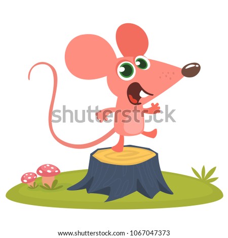 Happy cartoon pink mouse talking and standing on a tree stump in th meadow. Vector illustration isolated