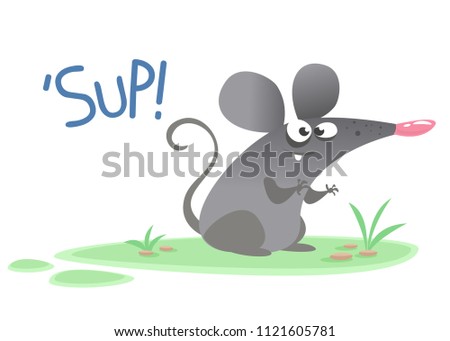 Funny cartoon grey mouse character saying 'Sup!'. Vector illustration isolated Imagine de stoc © 