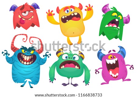 Cartoon Monsters. Vector set of cartoon monsters isolated. Design for print, party decoration, t-shirt, illustration, logo, emblem or sticker