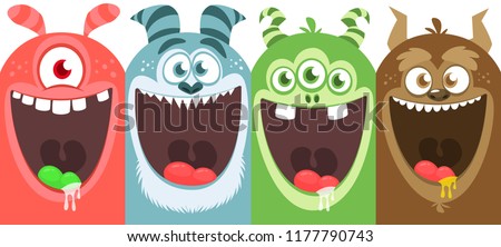 Cartoon monsters set. Vector illustration of different monsters expressions. Halloween. Package design