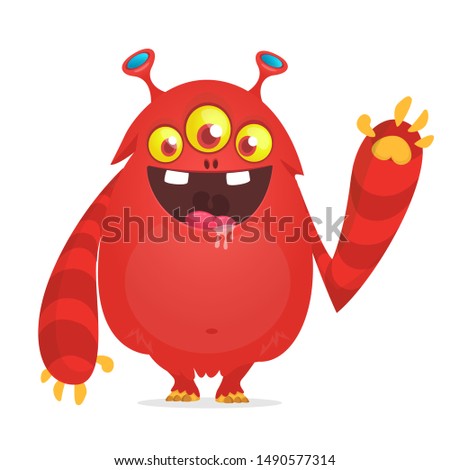 Happy cartoon red alien with three eyes. Vector illustration