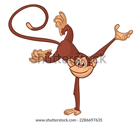 Cartoon funny monkey chimpanzee balancing on one hand or doind flip acrobatic handstand. Vector illustration of happy monkey character design