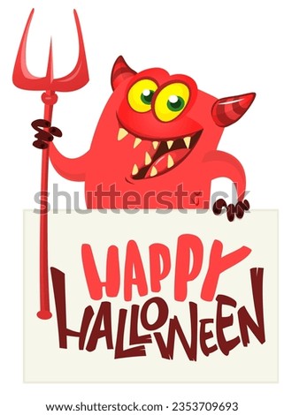 Red devil hand holding white sheet and trident. Satan holds and signboard. Halloween party illustration