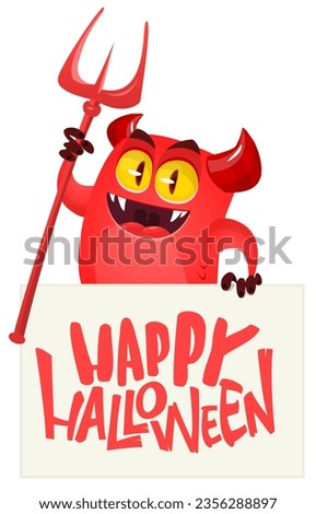 Red devil hand holding white sheet and trident. Satan holds and signboard. Halloween party illustration
