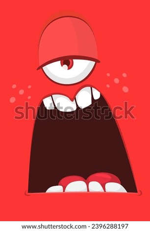 Red cartoon monster face with one eye.  Illustration of cute and happy monster yawning expression.
 Halloween design. Great for party decoration