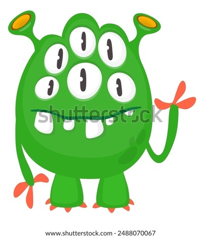 Cartoon cute green alien with funny excited face expression waving hands . Vector illustration isolated on white. Halloween design.