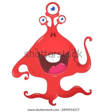 Three eyed funny monster with tentacles. Vector illustration.