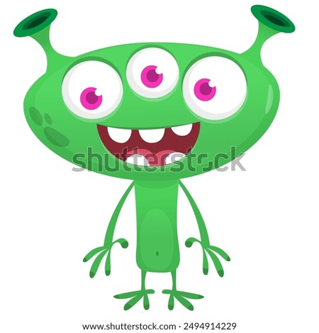 Funny cartoon green alien with three eyes illustration. Vector isolated.