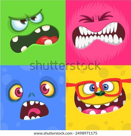 Cartoon monster faces set. Vector set of four Halloween monster faces or avatars. Print design of monsters mask for masquerade.