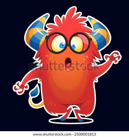 Cartoon cute red monster with funny face expression waving hands . Vector illustration isolated on white. Halloween design.