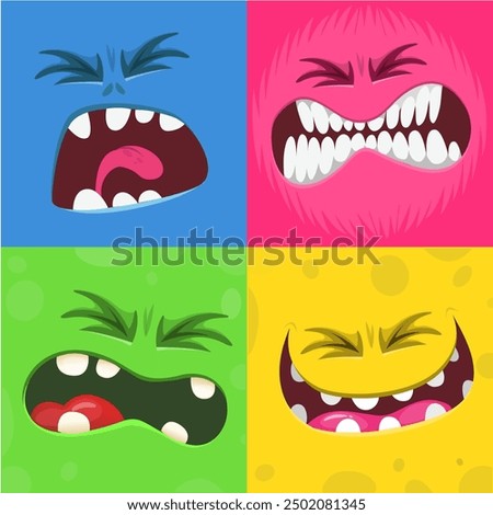 Cartoon monster faces set. Vector set of four Halloween monster faces or avatars. Print design of monsters mask for masquerade.