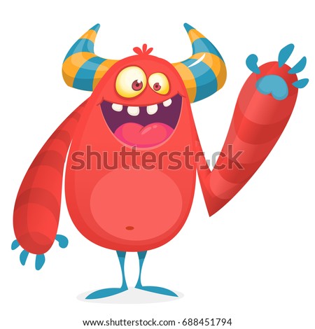 Happy cool cartoon fat monster. Red and horned vector monster character