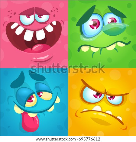 Cartoon monster faces set. Vector set of four Halloween monster faces or avatars. Print design of monsters mask for masquerade