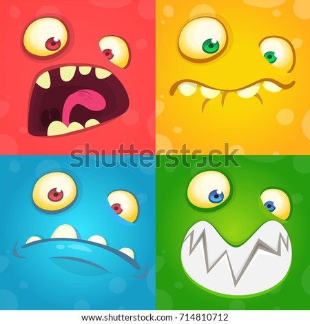 Cartoon monster faces set. Vector set of four Halloween monster faces